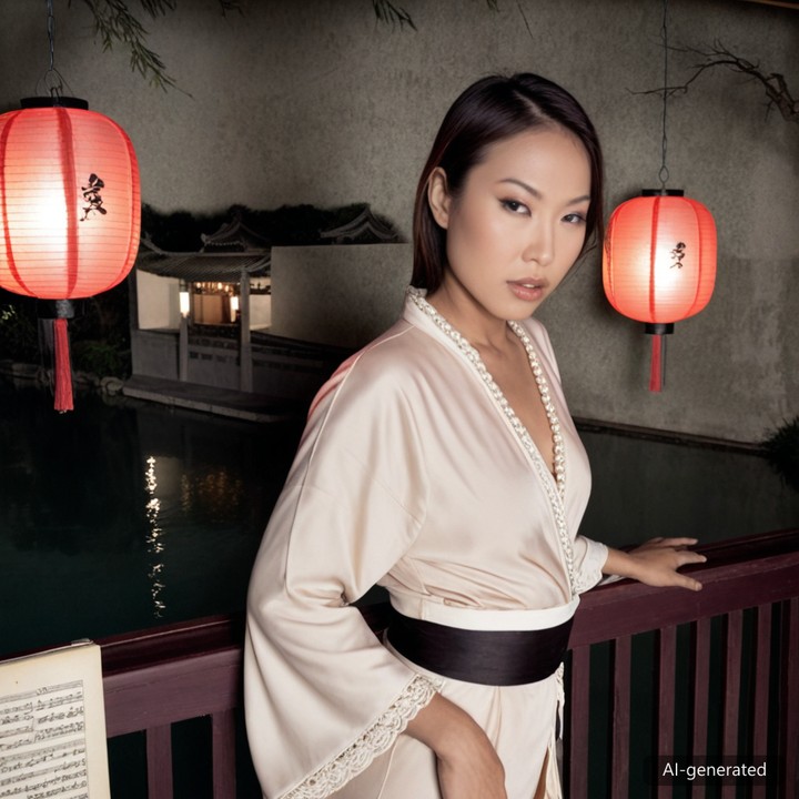 The render produced from the prose at left: a high balcony over lantern-lit water at night